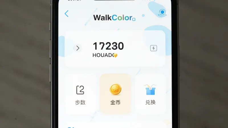 WalkColor清爽界面展示,手机屏幕显示主页面,只有步数、金币、兑换三个主要模块,没有弹窗广告,背景是纯白色配淡蓝色点缀,风格极简,画质干净无多余元素