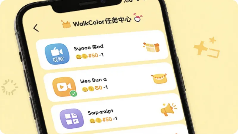 WalkColor任务中心页面展示,手机屏幕显示任务列表,有签到、看视频、分享等图标,每个任务旁边标注金币奖励数量,界面排版整齐,背景是淡黄色,风格轻松活泼,画质清晰干净