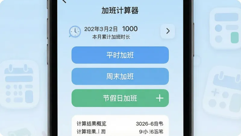 一张简洁的手机屏幕展示图，画面中央是“加班计算器”App的主界面，背景是柔和的浅蓝色渐变，界面顶部显示日期和本月累计加班时长，中间是几个大按钮分别写着“平时加班”“周末加班”“节假日加班”，底部是计算结果概览区域，整体风格现代扁平，图标圆润，文字清晰，画质干净无多余元素