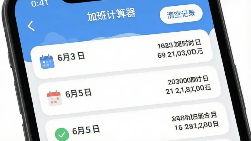 一张手机应用界面截图风格的图片，画面展示“加班计算器”的历史记录页面，列表形式排列着几条记录，每条包含日期“6月3日”“6月5日”和对应的加班时长与金额，顶部有“清空记录”的小按钮，整体布局清晰，文字标签明确，风格现代扁平，细节圆润，画质干净无多余元素