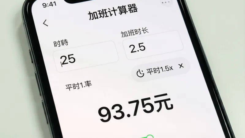 一张手机屏幕显示“加班计算器”计算界面的图片，画面中时薪输入框里填着“25”，加班时长填着“2.5”，倍率选择了“平时1.5x”，下方用大号字体显示计算结果“93.75元”，背景是干净的浅色，界面按钮圆润，文字清晰，整体风格简洁实用