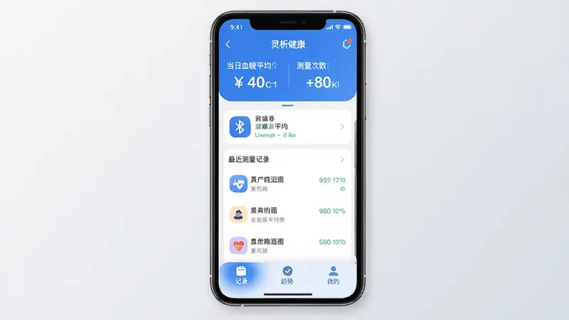 灵析健康App主界面全貌展示，画面中央是一部智能手机，屏幕显示灵析健康应用首页，顶部显示当日血糖平均值和测量次数，中间是蓝牙连接状态和最近测量记录列表，底部为记录、趋势、我的三个选项卡，整体采用蓝白配色，风格简洁现代，图标圆润，文字清晰，背景为干净的浅灰色渐变，画质高清，无多余元素