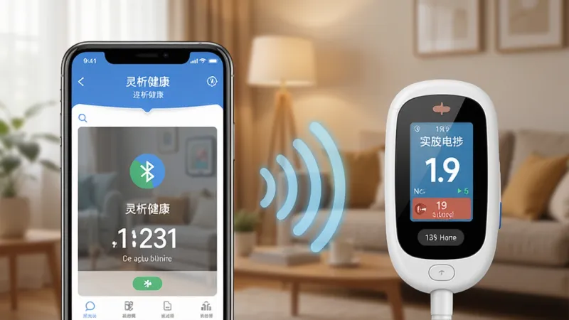 灵析健康蓝牙血糖仪连接功能展示，画面左侧是一部手机显示灵析健康App的蓝牙搜索界面，右侧是一只蓝牙血糖仪，两者之间有淡蓝色的无线连接波纹，手机屏幕上方显示已连接设备名称，下方显示实时同步的血糖数值，背景为温馨的家庭环境虚化处理，风格写实科技感，画质干净，无多余元素