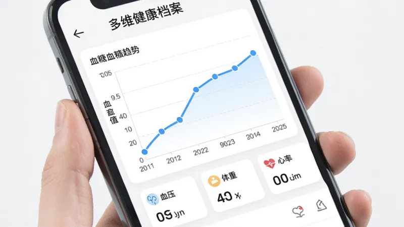灵析健康多维健康档案界面，手机屏幕显示血糖趋势折线图，X轴为日期，Y轴为血糖值，曲线用蓝色线条绘制，数据点用圆点标注，图表下方有血压、体重、心率的小卡片摘要，整体布局清晰，背景为白色，风格医疗健康类App典型设计，画质高清，干净无杂乱