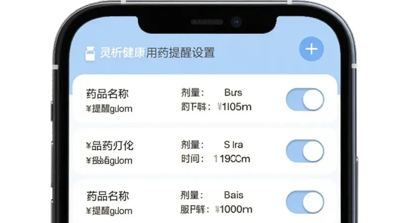灵析健康用药提醒设置界面，手机屏幕展示提醒列表，每条提醒显示药品名称、剂量、服用时间，右侧有开关按钮，顶部有添加提醒的加号图标，界面配色柔和，以浅蓝色和白色为主，图标设计简洁，整体风格清爽易读，画质清晰，无多余装饰元素