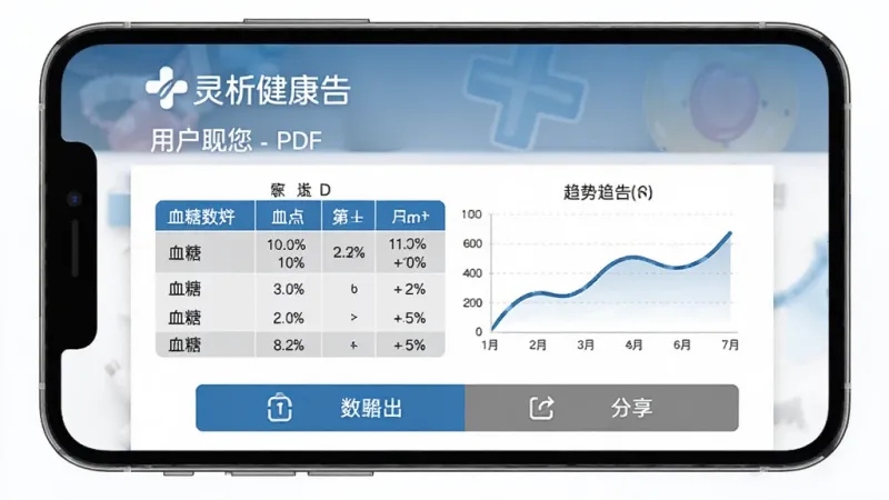 灵析健康数据报告导出预览界面，手机屏幕显示一份PDF格式的健康报告，报告顶部有灵析健康Logo和用户昵称，中间是血糖数据表格和趋势图，底部有导出和分享按钮，界面风格专业简洁，配色以蓝色和灰色为主，字体清晰，画质干净，无多余元素