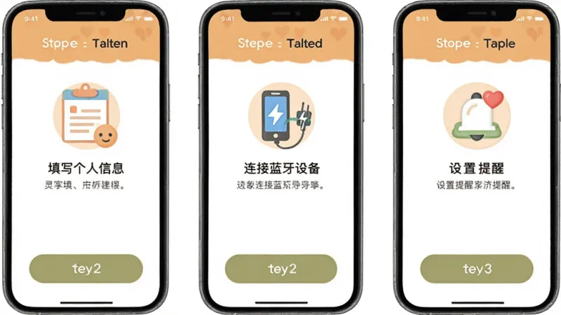 灵析健康新手设置引导界面，手机屏幕显示三步设置流程，第一步填写个人信息，第二步连接蓝牙设备，第三步设置提醒，每步有图标和简短文字说明，底部有下一步按钮，界面风格友好亲切，配色温暖，画质清晰，无多余元素
