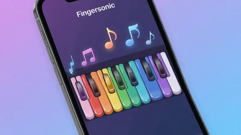 一张展示Fingersonic应用主界面的图片。画面主体是一部智能手机,屏幕上显示着Fingersonic的软件界面,界面中央是一个色彩鲜艳的虚拟音乐键盘,上方有音符飘动。布局采用居中构图,手机略微倾斜,背景是柔和的渐变紫色和蓝色。风格为现代扁平化设计,细节上键盘按键圆润有光泽,音符带有轻微发光效果。画质清晰干净,无多余元素。