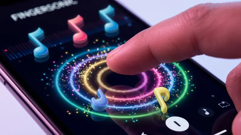 一张展示Fingersonic指尖触控玩法的特写图片。画面主体是一根手指正在触摸手机屏幕,指尖下方有一圈彩色的波纹扩散开来,屏幕背景显示着Fingersonic的界面和跳动的音符。布局采用微距特写视角,手指位于画面中心。风格为充满活力的霓虹光效风格,细节上波纹带有细碎的光点,音符呈现立体感。画质明亮清晰,无多余元素。
