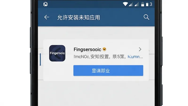一张展示Fingersonic安装权限设置的示意图。画面主体是一部安卓手机,屏幕上显示着“允许安装未知应用”的系统设置界面,Fingersonic的图标出现在提示框中。布局采用竖屏手机界面截图风格。风格为简洁的系统UI风格,细节上按钮有高亮提示。画质清晰干净,无多余元素。