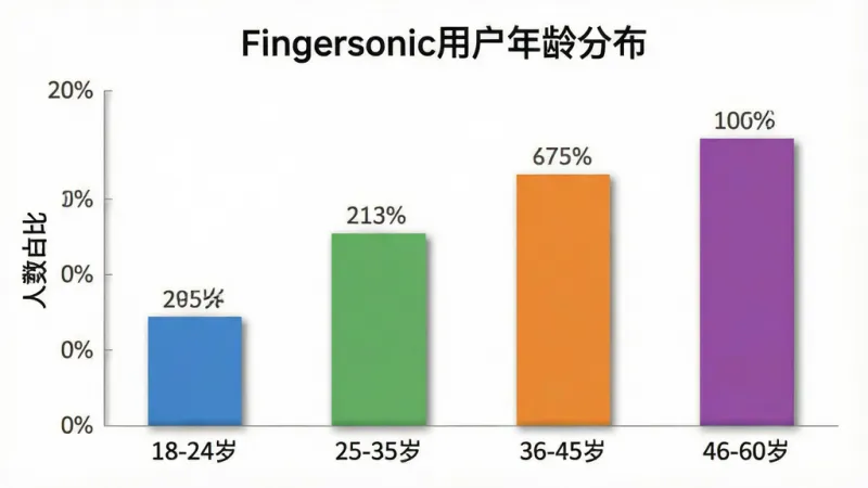 一张展示Fingersonic用户年龄分布的柱状图。画面主体是一个柱状图,横轴标注年龄段“18-24岁”、“25-35岁”、“36-45岁”、“46-60岁”,纵轴标注人数占比。柱状图颜色分别为蓝色、绿色、橙色、紫色。布局居中,图表上方有标题“Fingersonic用户年龄分布”。风格为扁平化数据可视化风格,细节上柱子有轻微的阴影效果,数据标签清晰可见。画质干净,无多余元素。