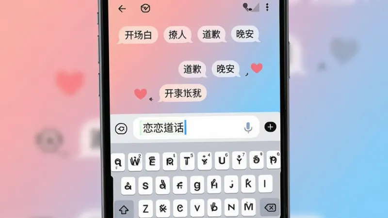 恋爱情侣聊天话术键盘手机界面展示，画面中央是一部安卓手机，屏幕上显示聊天话术键盘弹出状态，键盘上方排列多个话术分类标签如“开场白”“撩人”“道歉”“晚安”等，聊天输入框中有文字气泡，背景是温馨的粉蓝色渐变，整体风格清新可爱，布局简洁清晰，画质干净无多余元素