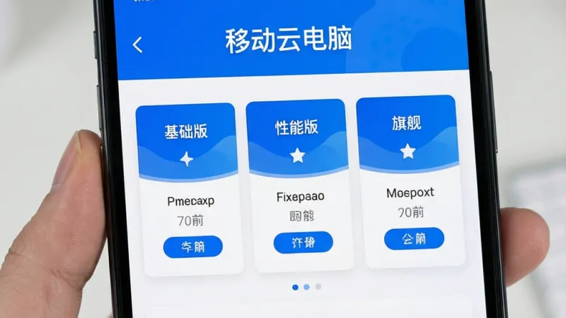 移动云电脑 配置选择界面 手机屏幕上显示不同套餐卡片 布局清晰 顶部是标题 中间是基础版 性能版 旗舰版卡片 风格简洁明了 蓝白配色 细节清晰 画质干净 无多余元素