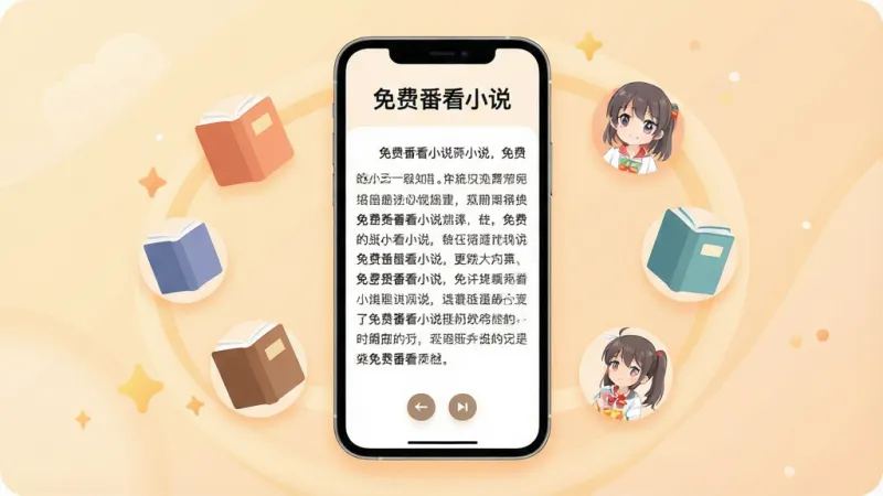 一张展示“免费番看小说”应用核心全貌的宣传图,主体是一个智能手机屏幕,屏幕内显示干净清爽的小说阅读界面,顶部有“免费番看小说”的标题文字,界面中间是整齐的文字排版,底部有简单的翻页按钮,手机周围环绕着漂浮的书籍和动漫元素图标,布局居中,风格现代扁平化,细节圆润,画质干净清晰,背景为柔和的暖色调,无多余元素