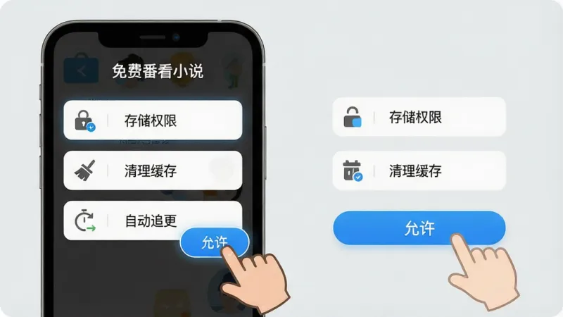 一张展示“免费番看小说”新手操作指引的AI生图,主体是手机屏幕显示设置菜单,菜单项包括“存储权限”“清理缓存”“自动追更”等选项,旁边有一个卡通手指正在点击“允许”按钮,布局采用左右分栏,风格为简洁扁平化图标设计,细节上按钮有高亮效果,画质干净清晰,背景为浅灰色,无多余元素