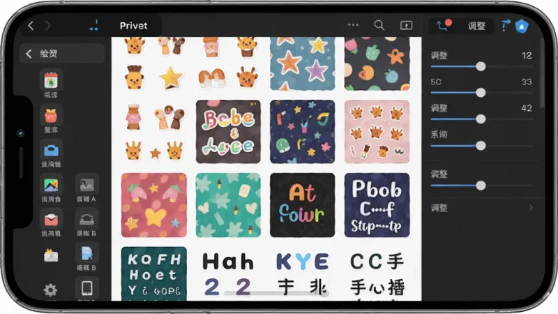 绘涂小组件素材库与编辑界面,画面主体是手机屏幕,屏幕中展示着丰富的贴纸、背景和字体素材网格,布局为左侧素材分类栏、中间预览区、右侧调整参数面板,排版整齐有序,风格为扁平化现代设计,细节上素材缩略图清晰、色彩丰富,画质干净无多余元素
