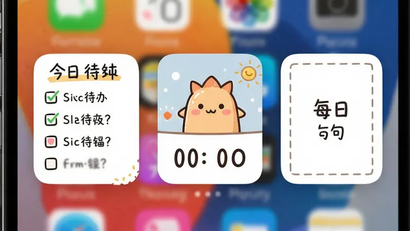 绘涂小组件在手机桌面上的实际显示效果,画面主体是手机主屏幕,屏幕上放置了三个不同风格的小组件:左侧是手绘风格的今日待办列表,中间是卡通形象的倒计时卡片,右侧是简约的每日一句文字框,布局自然错落,风格为温馨手账风,细节上组件与壁纸边缘融合自然、文字清晰,画质干净无多余元素