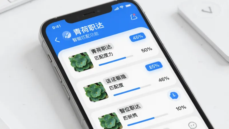 青荷职达 智能匹配功能界面 手机屏幕显示岗位列表 每个岗位卡片带有匹配度百分比 蓝色高亮标签 背景简洁 现代UI风格 干净无杂乱