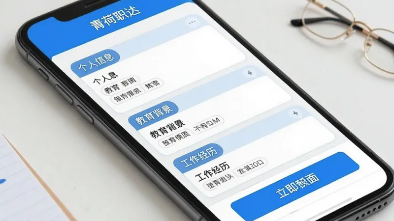 青荷职达 简历编辑页面 手机屏幕显示表单填写区域 包含个人信息 教育背景 工作经历模块 蓝色主色调 界面清爽 操作按钮明显 干净无多余装饰