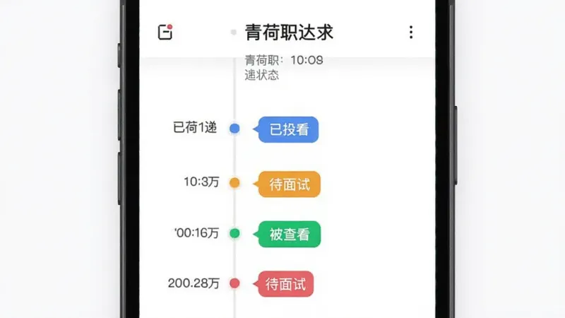 青荷职达 求职进度追踪界面 手机屏幕显示时间轴或状态列表 不同颜色标签区分已投递 被查看 待面试状态 布局清晰 现代简约风格 干净无杂乱元素