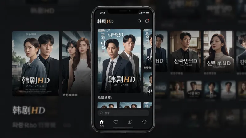 一张展示韩剧HD App主界面的手机样机图,画面中央是手机屏幕,屏幕内显示韩剧HD的首页推荐界面,顶部有