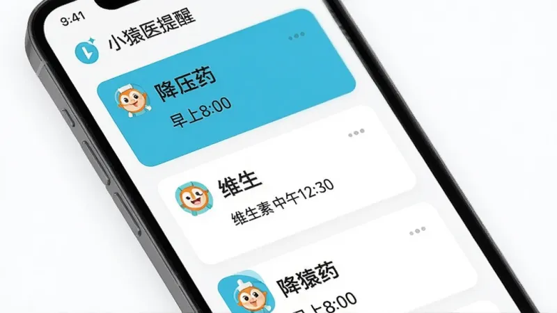 小猿医生用药提醒功能展示图,手机屏幕显示多个药品提醒卡片,标注有“降压药 早上8:00”“维生素 中午12:30”等文字,卡片带有小猿医生图标,背景为白色,界面布局清晰,文字标签明确,风格现代扁平,画质干净无多余元素