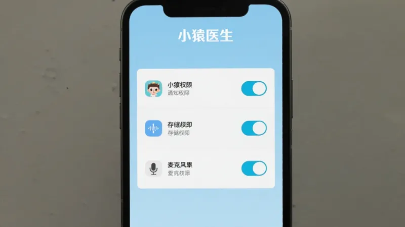 小猿医生新手设置界面,手机屏幕显示权限开启引导页,包括通知权限、存储权限、麦克风权限的开关列表,顶部有“小猿医生”文字标识,背景为淡蓝色,图标简洁清晰,风格扁平化,画质干净无多余元素
