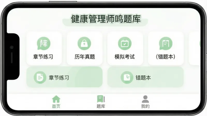 健康管理师鸣题库手机APP主界面展示,白色和淡绿色为主色调,顶部显示“健康管理师鸣题库”文字,中间是章节练习、历年真题、模拟考试、错题本四个功能卡片整齐排列,底部导航栏有首页、题库、我的三个图标,整体布局简洁清晰,扁平化设计风格,图标圆润,画质干净,无多余元素