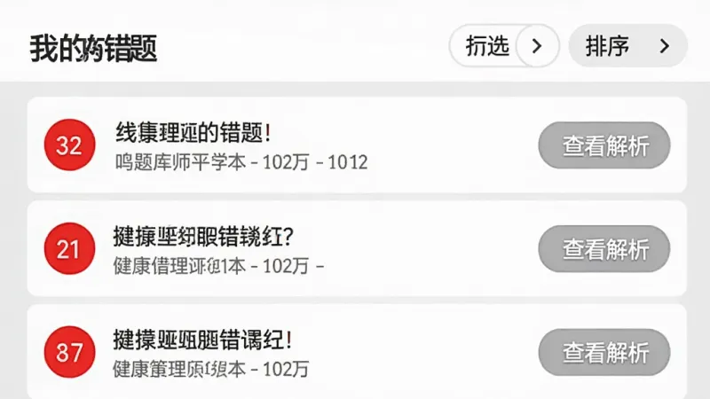 健康管理师鸣题库APP错题本功能展示,手机屏幕显示“我的错题”标题,下方列表中有多道错题记录,每道题左侧有红色圆形标记显示错误次数,右侧有“查看解析”按钮,页面顶部有筛选和排序选项,背景为浅灰色,布局整齐,画质清晰