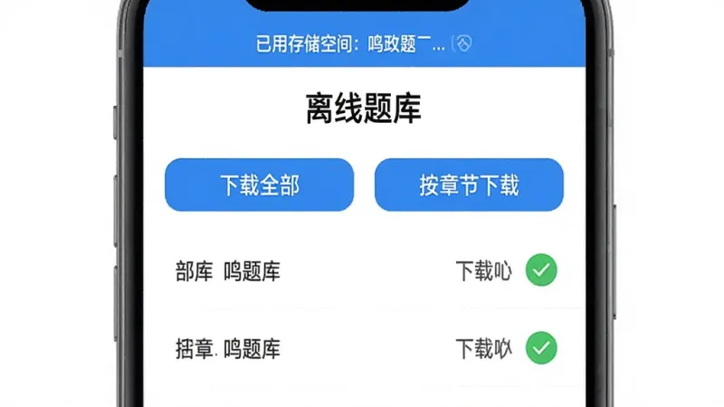 健康管理师鸣题库APP离线下载功能界面,手机屏幕显示“离线题库”页面,有“下载全部”和“按章节下载”两个按钮,下方列表显示各章节名称和下载状态,已下载章节旁边有绿色勾选标记,页面顶部有已用存储空间提示,整体设计简洁,蓝白配色,干净无杂乱元素