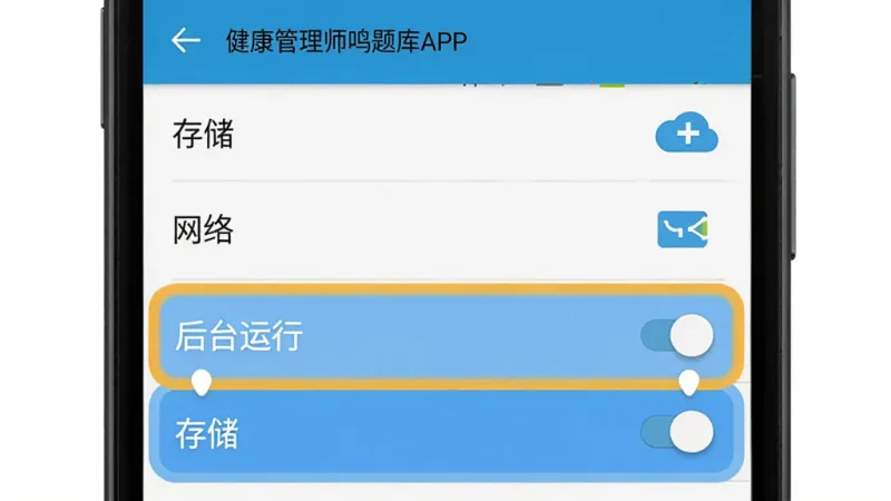 健康管理师鸣题库APP安装权限设置界面示意图,手机屏幕显示应用权限管理页面,包含存储、网络、后台运行等权限开关,其中“后台运行”和“存储”权限被高亮标注,页面风格为安卓原生设置界面,干净整洁,文字清晰可辨