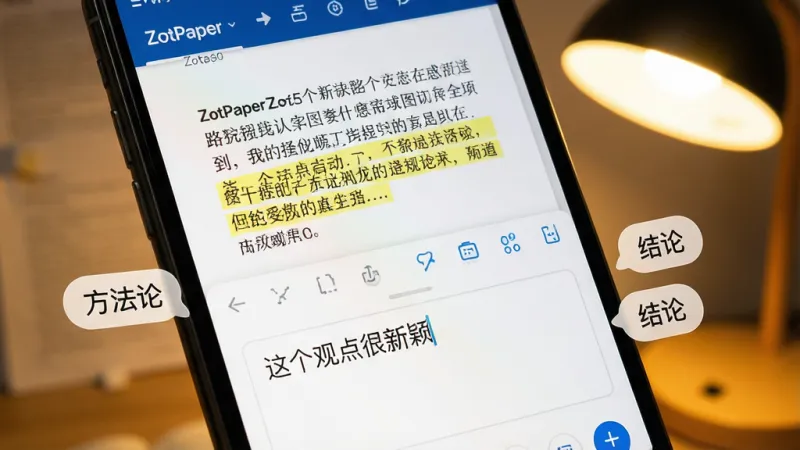 AI生图,画面展示ZotPaper的笔记界面,手机屏幕特写,屏幕上半部分是打开的文献PDF,其中一段文字被黄色高亮,下半部分是弹出的笔记输入框,输入框里写着“这个观点很新颖”,屏幕旁边飘着几个标签气泡,写着“方法论”、“结论”,背景是温暖的台灯光线,风格温馨,细节清晰,画质干净,无多余元素。