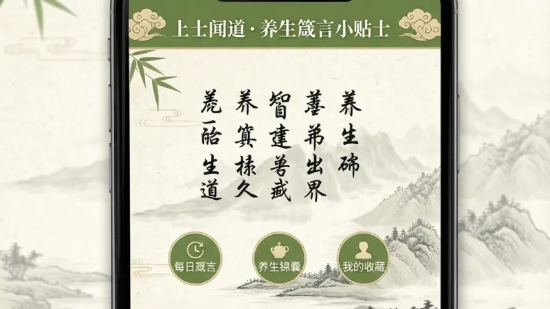 一张手机屏幕特写,屏幕中显示“上士闻道养生箴言小贴士”应用主界面,界面以米白色和竹青色为主色调,顶部有古典云纹装饰,中间竖向排列着几行毛笔字体的养生箴言,下方有三个圆形图标按钮分别标注“每日箴言”“养生锦囊”“我的收藏”,背景是淡雅的山水墨画风格,整体布局简洁留白多,风格古风雅致,细节处有宣纸纹理,画质清晰干净,无多余元素
