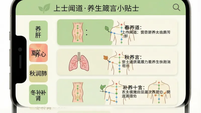 一张手机界面展示图,画面中“上士闻道养生箴言小贴士”的养生锦囊页面,左侧是竖向分类标签“春养肝”“夏养心”“秋润肺”“冬补肾”,右侧对应展示三条图文卡片,卡片内有简单的穴位示意图和文字说明,整体配色以浅绿和米白为主,布局清晰,风格简约扁平,画质干净无多余元素
