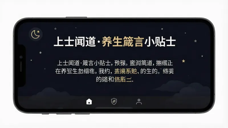 一张手机应用界面展示图,画面中“上士闻道养生箴言小贴士”处于夜间模式,深色背景上显示白色和淡金色的文字,界面顶部有月亮图标,中间是箴言内容,底部导航栏只有三个简洁图标,整体无任何广告横幅或弹窗,风格极简暗黑,画质干净无多余元素