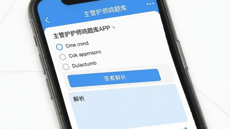一张手机界面截图,展示主管护师鸣题库APP的答题页面,屏幕上方显示“主管护师鸣题库”名称,中间是单选题题干和四个选项,下方有“查看解析”按钮,解析区域用浅蓝色背景高亮显示,整体风格简洁清晰,蓝白配色,扁平化设计,画质干净。