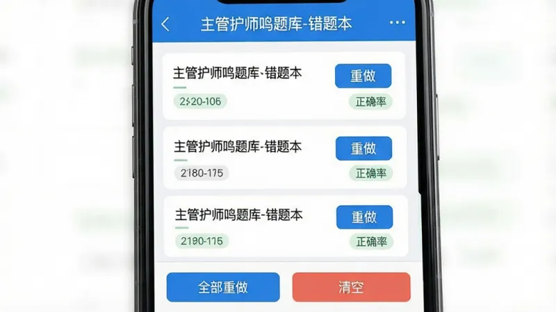 一张手机屏幕展示主管护师鸣题库APP的错题本页面,顶部显示“主管护师鸣题库-错题本”字样,中间列表展示多道错题记录,每道题旁边有“重做”按钮和正确率标签,底部有“全部重做”和“清空”按钮,整体蓝白配色,布局清晰,扁平化风格,画质干净无多余元素。
