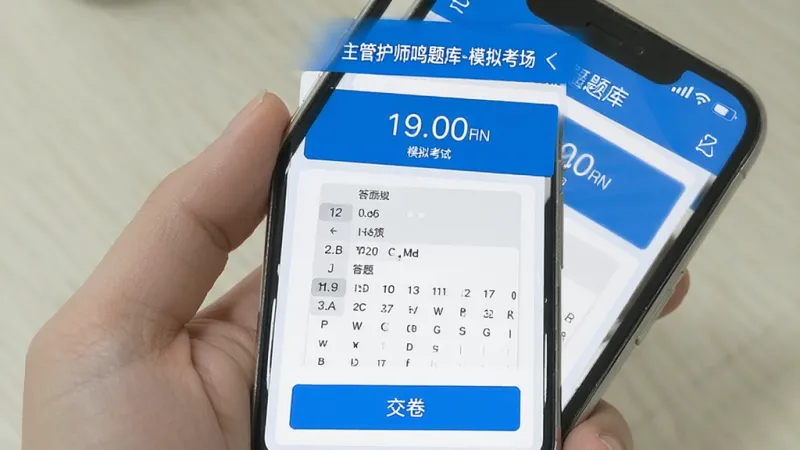 一张手机屏幕展示主管护师鸣题库APP的模拟考试页面,顶部显示“主管护师鸣题库-模拟考场”字样,中间是计时器和答题卡,底部有交卷按钮,界面蓝白配色,风格简洁,画质干净无多余元素。