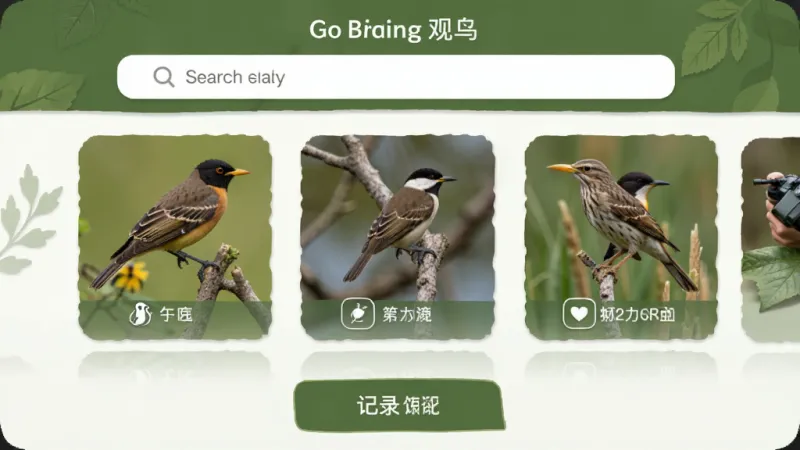 Go Birding 观鸟应用主界面,绿色自然主题,顶部搜索栏,中部鸟类图鉴卡片展示,底部记录按钮,户外风格,简洁干净