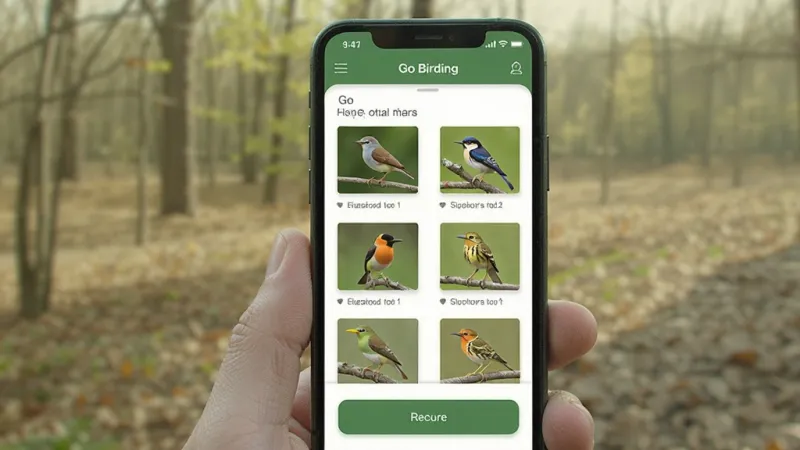 Go Birding 应用界面展示鸟类图鉴列表和记录按钮,手机屏幕特写,户外背景虚化,自然光线,清爽风格