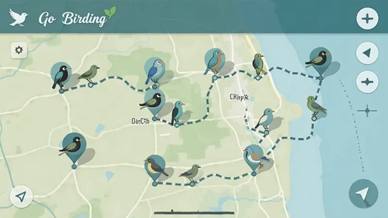 Go Birding 应用地图界面,多个观测点标记,鸟类图标,导航路线,户外探索风格,蓝绿色调,清晰简洁