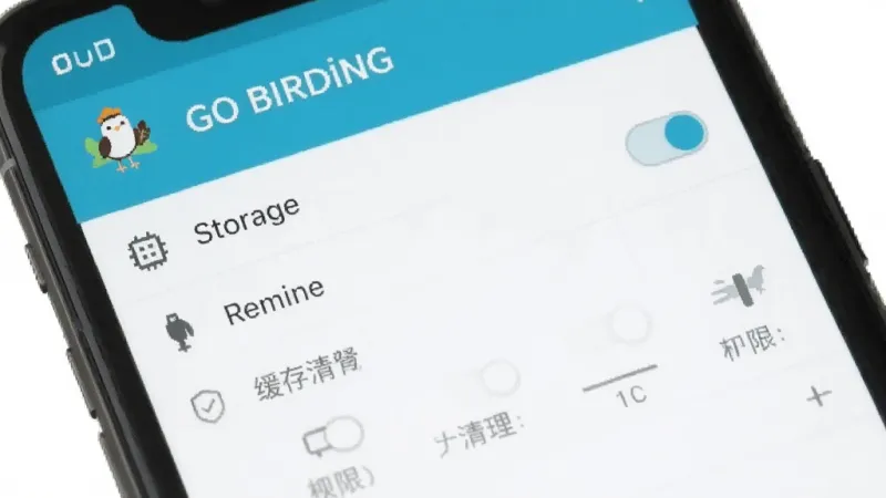 Go Birding 应用设置界面截图,显示存储管理、权限开关、缓存清理选项,手机屏幕展示,清晰明亮,扁平化设计