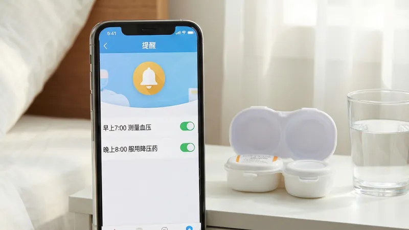 可孚健康APP的用药与测量提醒功能展示图。画面中一部手机竖屏显示,屏幕上是可孚健康APP的“提醒”设置页面,页面中有一个醒目的铃铛图标,下方列表显示着两条提醒事项:“早上7:00 测量血压”和“晚上8:00 服用降压药”,每条提醒右侧有一个开启状态的开关按钮。手机旁边放着一个药盒和一杯水,背景是清晨的卧室床头柜。整体风格清新、整洁,画质干净,无多余元素。