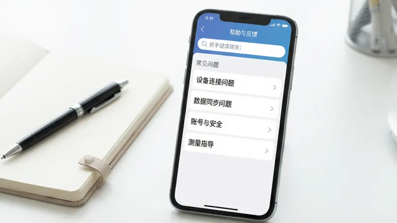 一张展示可孚健康APP帮助与反馈页面的图片。画面中一部手机竖屏显示,屏幕上是可孚健康APP的“帮助与反馈”页面,页面顶部有搜索框,下方列表展示着常见问题分类:“设备连接问题”、“数据同步问题”、“账号与安全”、“测量指导”等,每个分类右侧有箭头。手机旁边放着一本笔记本和一支笔。背景是干净的书桌,光线明亮。整体风格简洁、实用,画质干净,无多余元素。