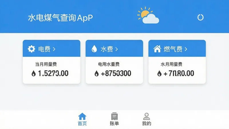水电煤气查询App主界面截图,手机屏幕居中展示,顶部显示城市名称和天气图标,中间三张卡片分别标注电费、水费、燃气费,每张卡片有当月用量和金额数字,底部导航栏为首页、账单、我的三个图标,蓝白配色,扁平化设计风格,界面干净整洁,无广告横幅,画质清晰,无多余元素