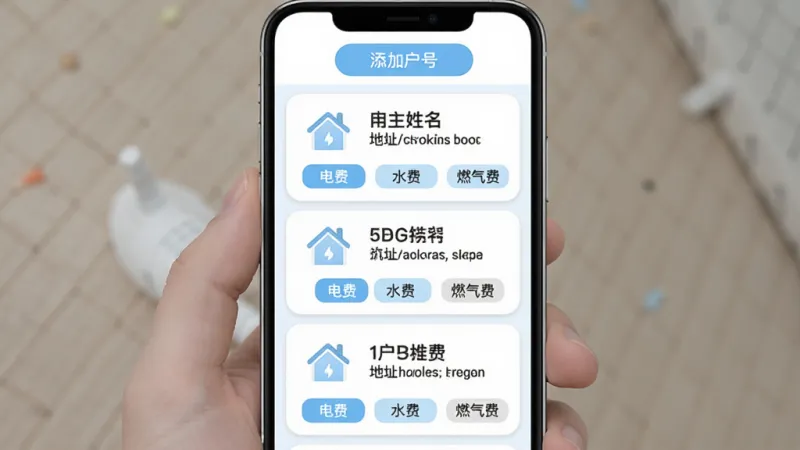 水电煤气查询App多户号管理界面,手机屏幕展示三个户号卡片纵向排列,每个卡片左侧有房屋图标,右侧显示户主姓名和地址简称,卡片下方有电费、水费、燃气费三个小标签,顶部有添加户号按钮,界面以白色和浅蓝色为主,圆角卡片设计,文字清晰,无广告元素,画质干净