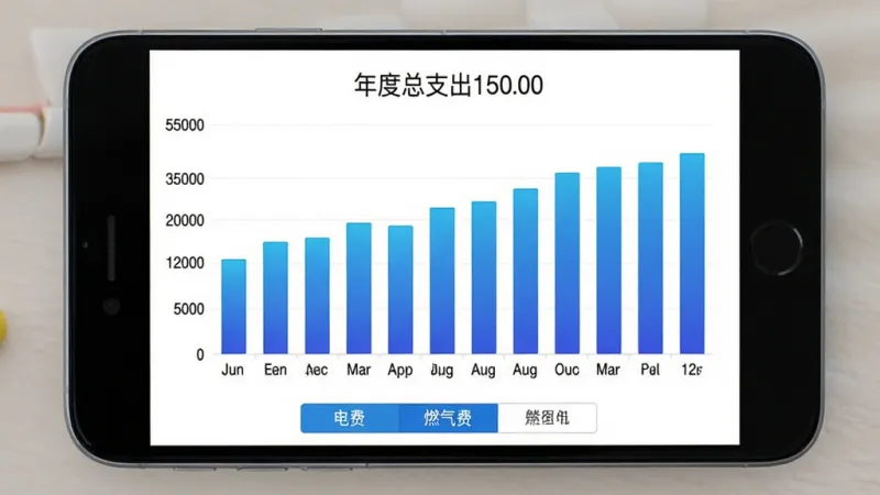 水电煤气查询App历史账单柱状图页面,手机屏幕中间显示12个月的柱状图,横轴为月份,纵轴为金额,柱子颜色为蓝色渐变,下方有电费水费燃气费三个切换标签,顶部显示年度总支出金额,背景为白色,图表简洁清晰,无多余装饰,画质干净