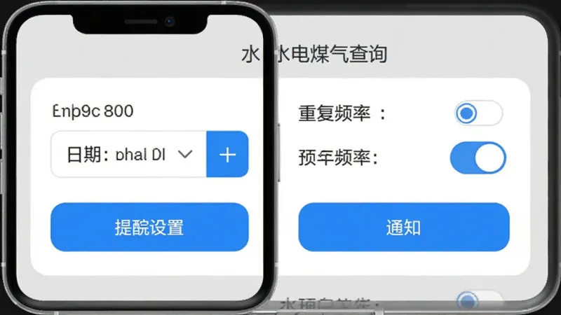 水电煤气查询App缴费提醒设置界面,手机屏幕展示提醒设置面板,包含日期选择器、重复频率选项和通知开关,背景为浅灰色,面板为白色圆角卡片,按钮为蓝色,文字标注清晰,整体风格简洁实用,无广告内容,画质干净