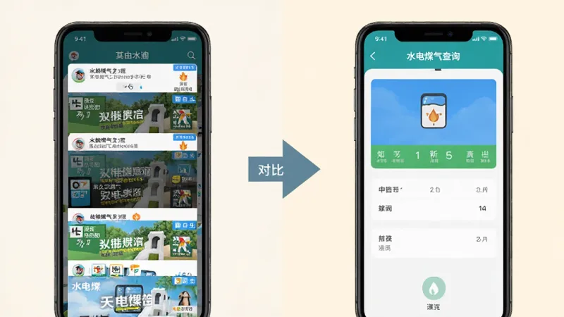 水电煤气查询App无广告体验对比图,左侧手机屏幕显示其他App满屏广告弹窗,右侧手机屏幕显示水电煤气查询App干净界面,中间有对比箭头,背景为浅色,风格简洁直观,文字标注清晰,画质干净无多余元素
