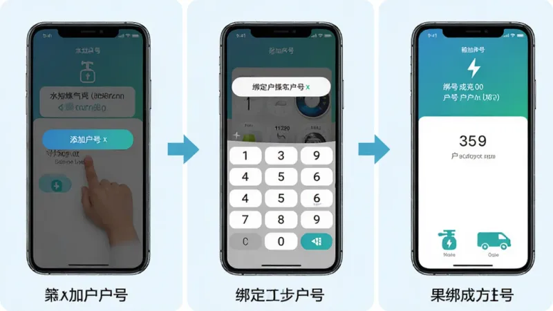 水电煤气查询App绑定户号操作步骤图,手机屏幕分三步展示,第一步点击添加户号按钮,第二步输入户号数字键盘弹出,第三步绑定成功页面显示户号信息,每步下方有文字说明,背景为浅色,箭头引导清晰,风格简洁明了,画质干净